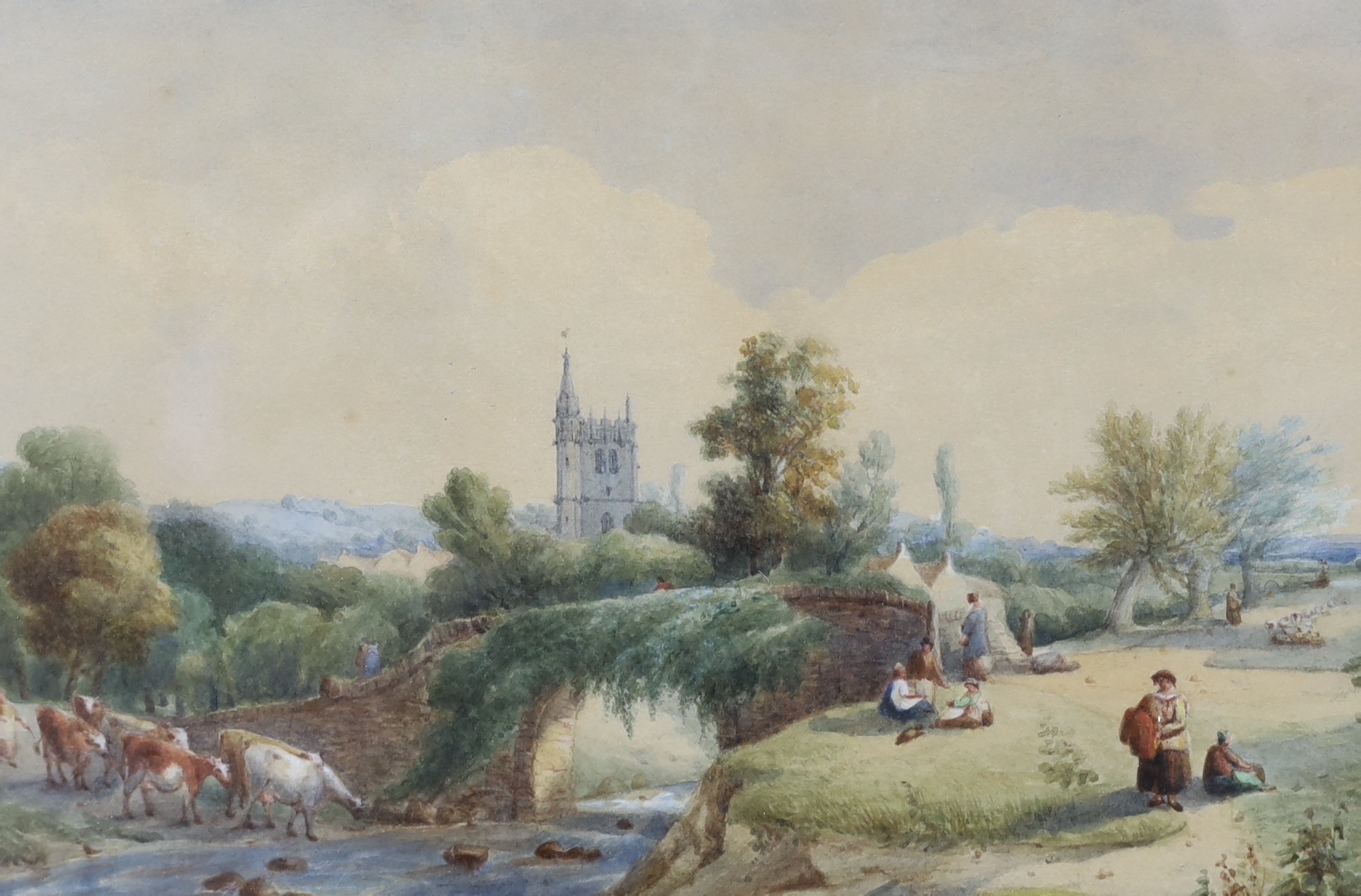 Three 19th century watercolours, 'Parish choir' by Webster, 31 x 49cm, Woman knitting by Miss Butler 1887, 34 x 25cm, and Pastoral landscape, 28 x 38cm